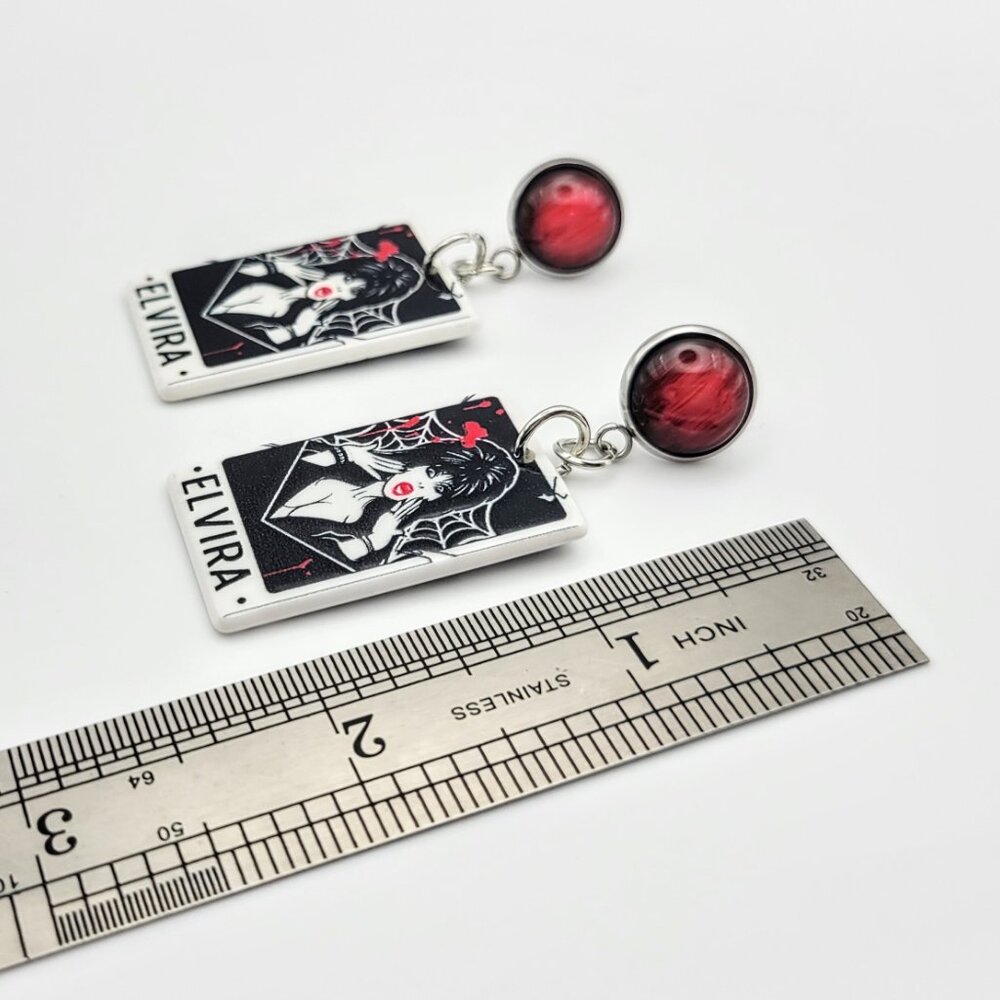 Spooky Elvira Red Tarot Women's Halloween Fashion Dangle Earring - Picture 2 of 3